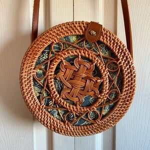 Handcrafted Woven Rattan Crossbody Bag - Brown and Blue